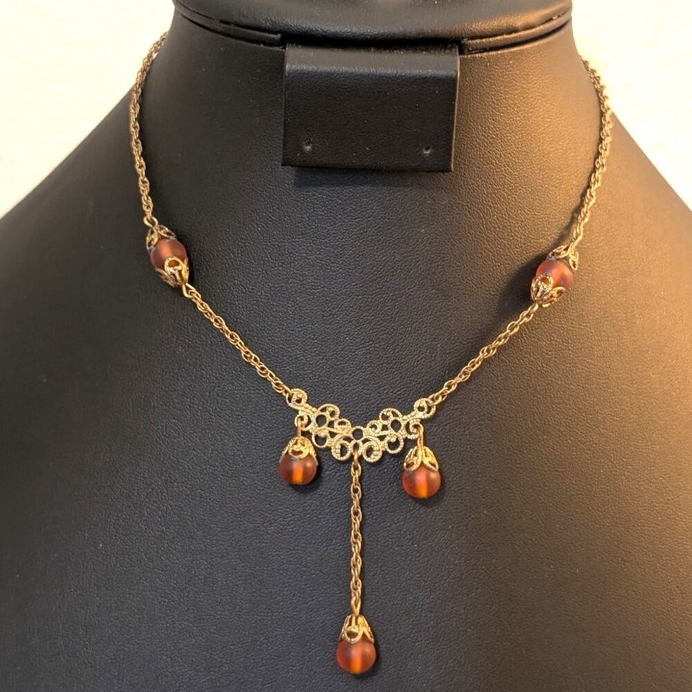 Vintage/Antique Gold Tone Frosted Brown Bead Dangle Chain Hook Clasp Necklace